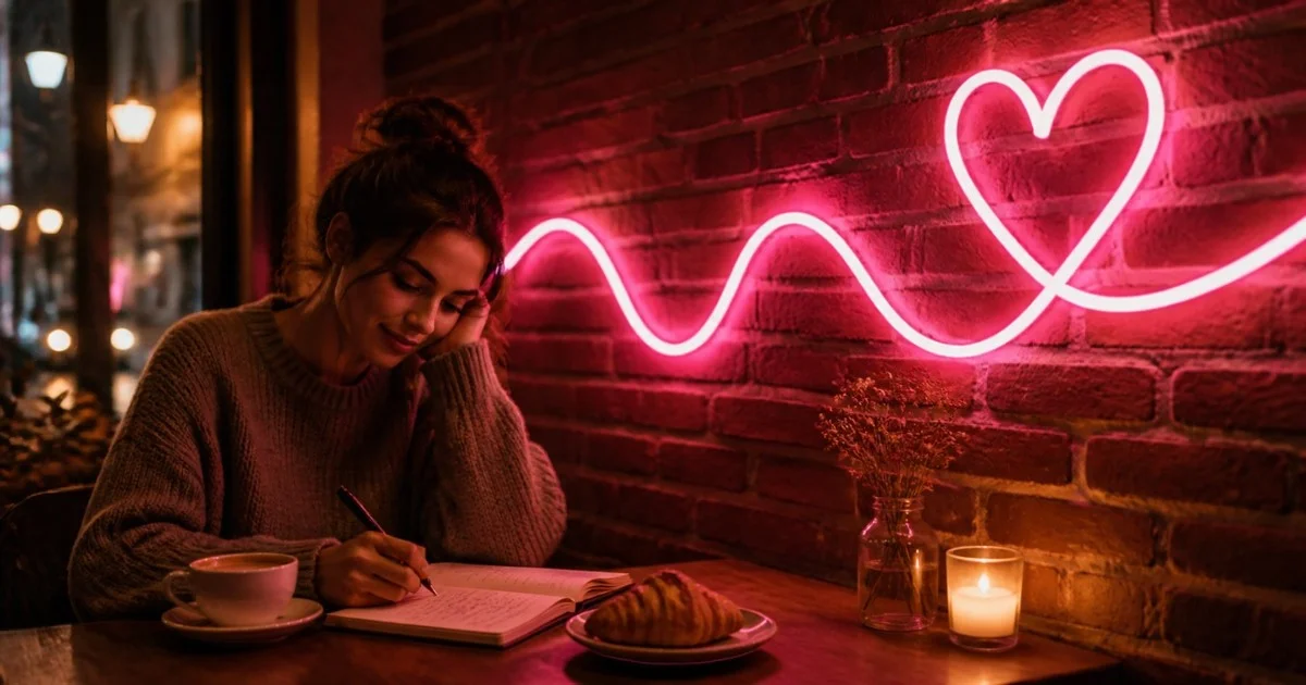 Neon sign dari neon flex LED berwarna merah muda menyala di dinding bata sebuah kafe, dengan pengunjung menulis di meja