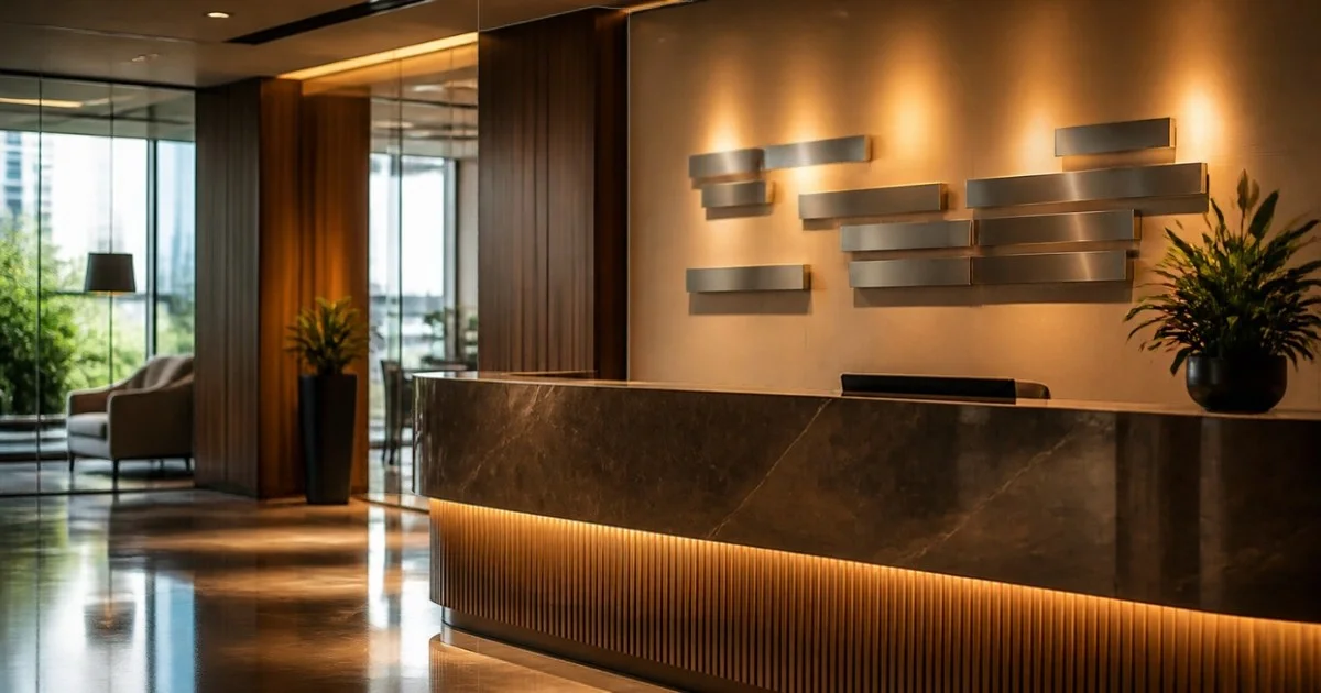 Lobby kantor modern dengan elemen dinding stainless di belakang meja resepsionis